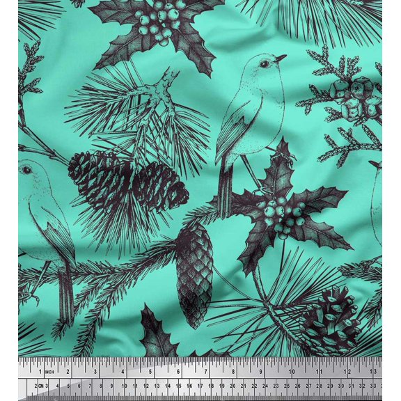 Soimoi Green Cotton Duck Fabric Holly Leaves, American Robin Bird Fabric Prints by Yard 42 Inch Wide