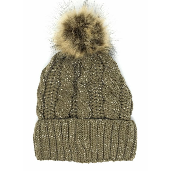 Urban-Peacock Cable Knit Metallic Beanie Winter Hat with Warm Fleece Lining & Pom Pom - Brown