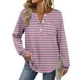 thumbnail image 6 of Womens Long Sleeve T-Shirts Long Sleeve Chest Pocket Button Henley Neck Striped Graphic Tunic Tops Loose Casual Tees (M, Pink), 6 of 7