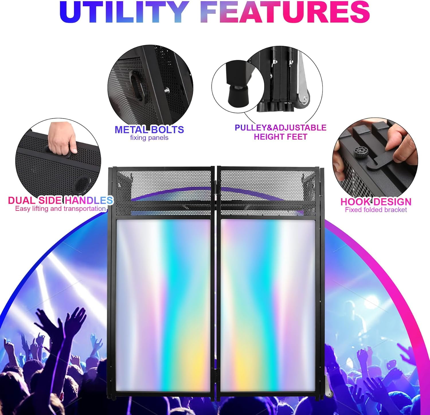DJ Facade Booth Table 41" x 43"x 20"-Portable with Black&White Lighting Scrims Flat DJ Booth Panel-Black Metal Frame with 2 Extra Wheels for Show, Party (Black)