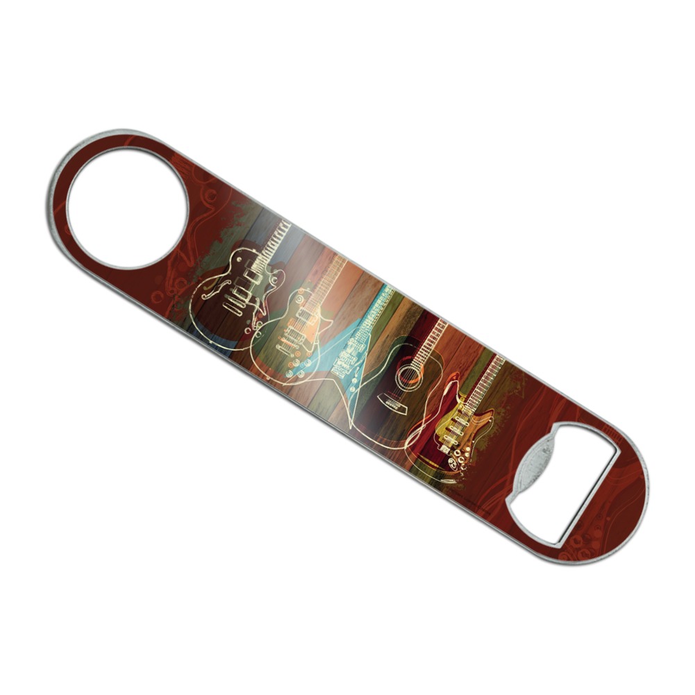 Guitars Electric Acoustic Rock and Roll Wood Paneling Stainless Steel Vinyl Covered Flat Bartender Speed Bar Bottle Opener