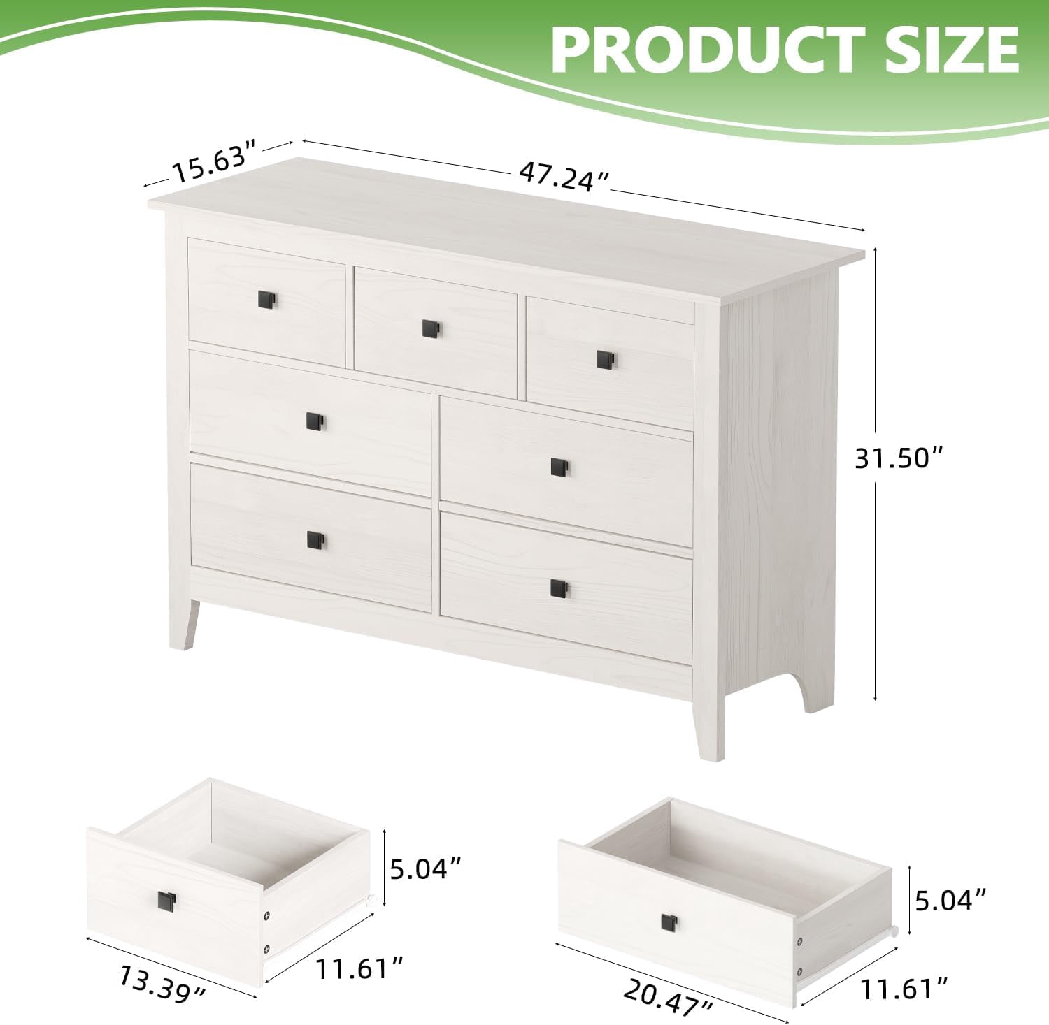 LAZZO 7-Drawer Dresser, Farmhouse Wooden Chest of Drawers for Bedroom Living Room and Hallway, White