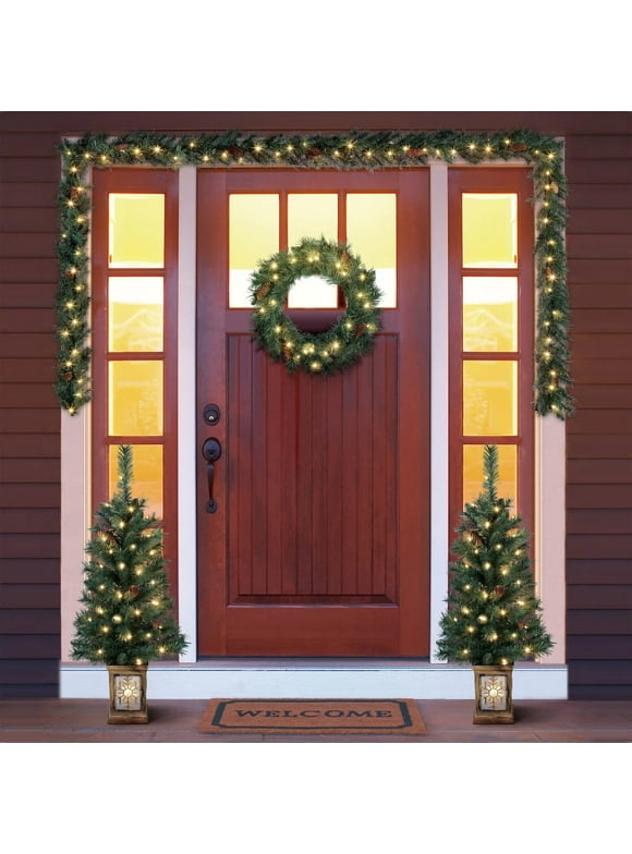 5-Piece Prelit Artificial Christmas Tree Entryway Set with Warm White LED Lights, Holiday Time
