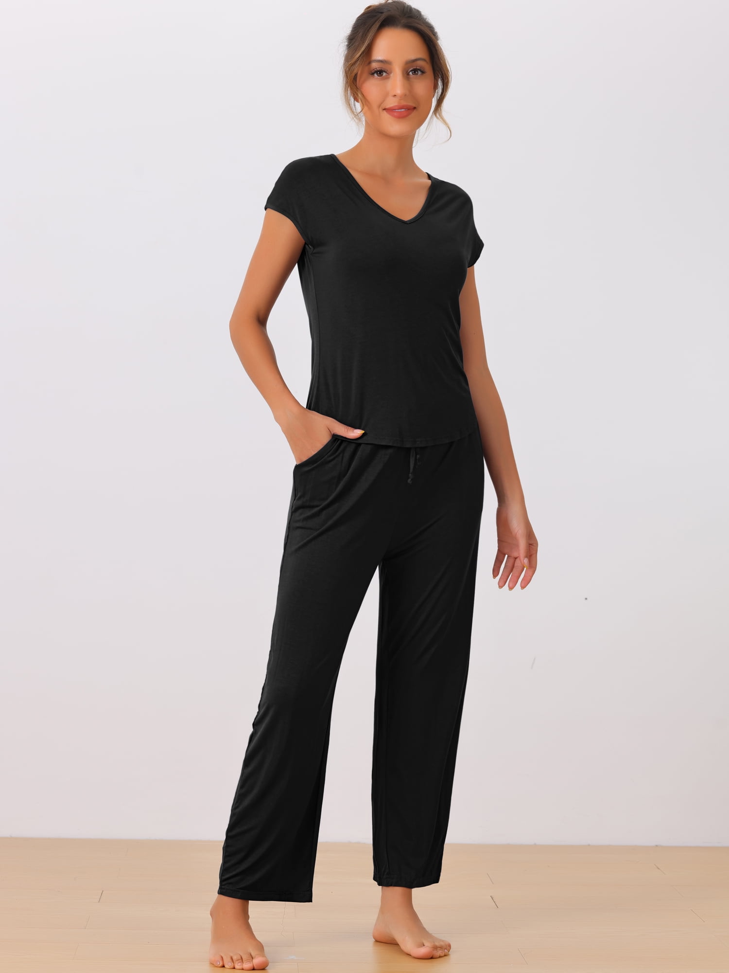 DARING DIVA Women's Short Sleeve Pajama Set Loungewear Long Pants Sweatsuit XS Black