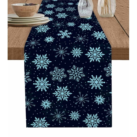 Blue Black Christmas Burlap-Cotton Table Runner 72 Inches Long,Xmas Snowflake Winter Farmhouse Table Runners,Outdoor Dining Tablecloths Decor for Baby Shower Party Wedding 14x72