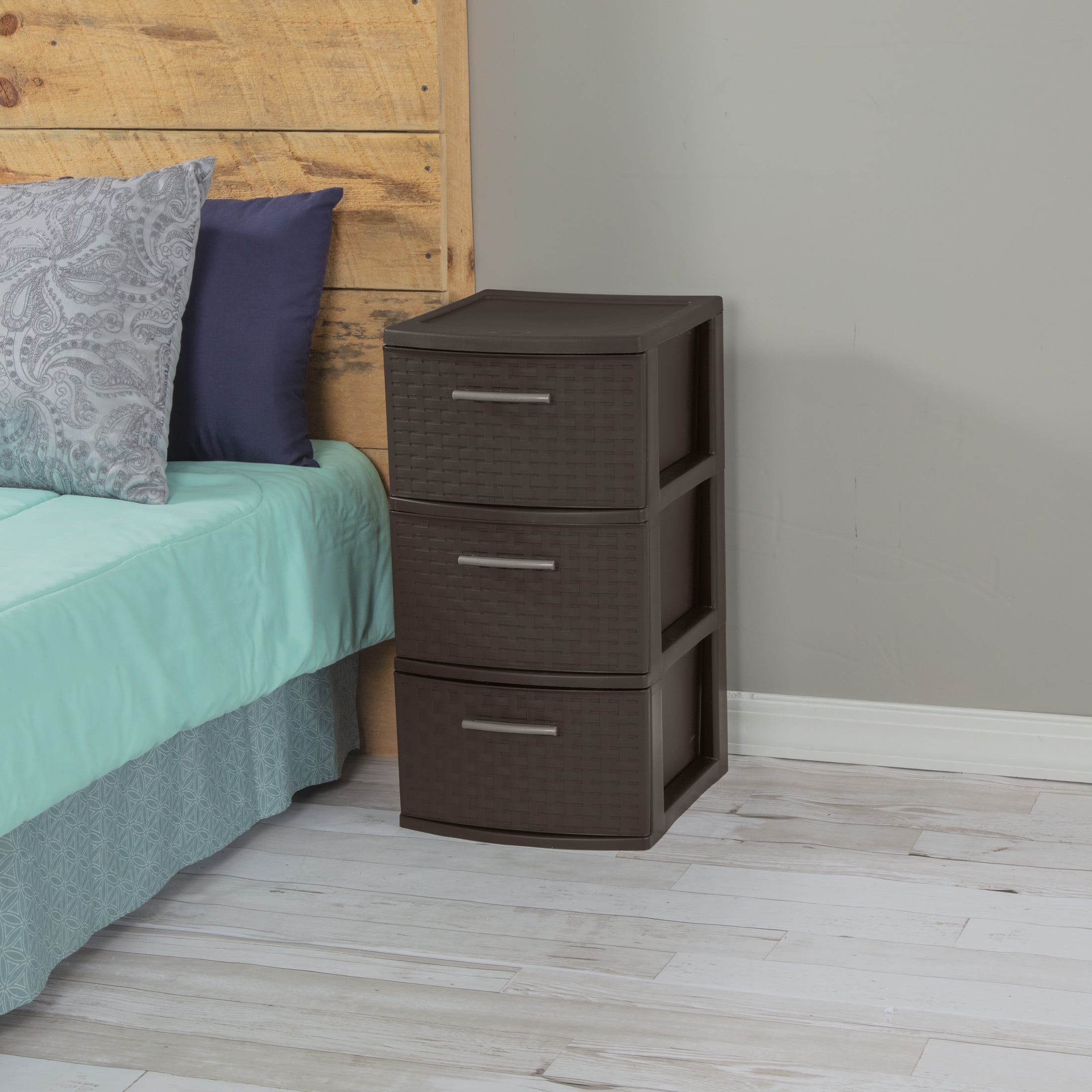 Sterilite 3 Drawer Weave Tower, Plastic Décor Drawers with Pull Handles, Brown