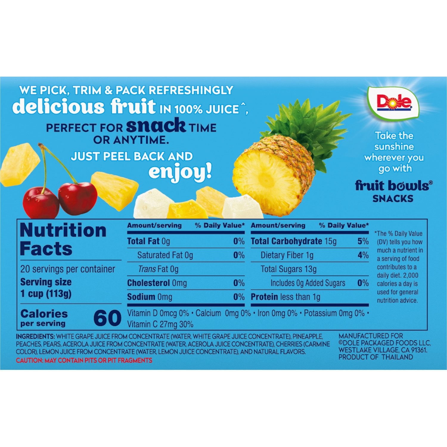 Dole Fruit Bowls Cherry Mixed Fruit in 100% Juice, 4 oz., 20 pk. With White Bowl By OMA