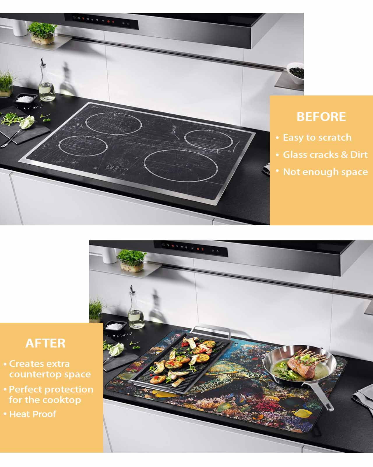 nqOlkjepod Large Induction Cooktop Protector Mat 28.5"x20.5", Summer Turtle Stove Top Covers for Electric Stove, Beach Ocean Coral Colorful Tropical Fish Stove Burner Cover Mats Stove Cover