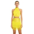 thumbnail image 3 of inlzdz Women Latin Dance Set Rhinestones Crop Top Fringe Short Skirts Modern Dancing Outfits Yellow M, 3 of 5