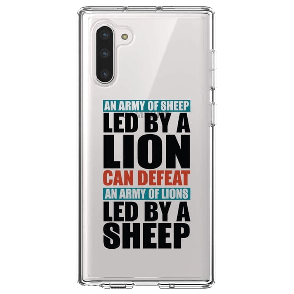 DistinctInk Clear Shockproof Hybrid Case for Samsung Galaxy Note 10 (6.3" Screen) - TPU Bumper Acrylic Back Tempered Glass Screen Protector - Sheep Led By Lion Defeat Lions Led By Sheep