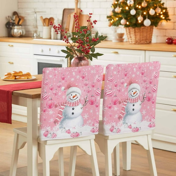 Christmas Pink Snowman Chair Covers Set of 4 Xmas Balls Snowflake Chair Back Covers Stretch Removable Washable Slipcovers Protector for Dining Room Kitchen Party Decor