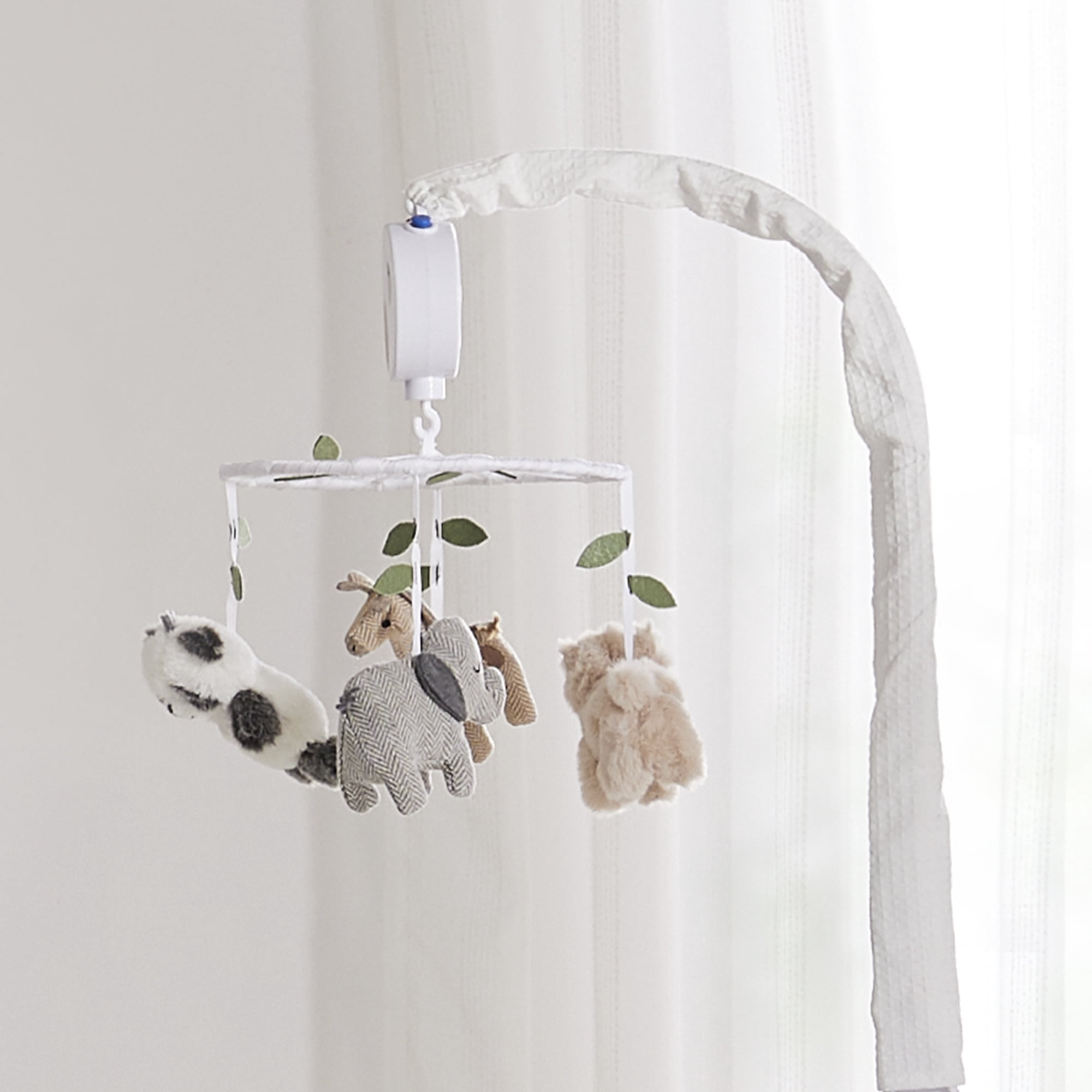 Levtex Baby - Mozambique Musical Rotating Baby Crib Mobile - Plush Giraffe, Panda, Lion and Elephant - Grey, Taupe, Cream, Whie and Green - Nursery Accessories