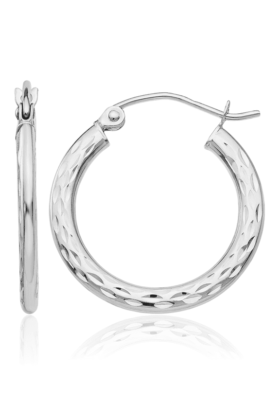 14K White Gold Medium Hoop Earrings - 21mm 7/8 inch - Lightweight, Snap Back, Diamond Cut Women's