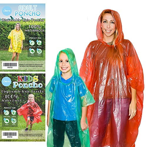 Family Pack 2 Adult 2 Child Disposable Waterproof Hooded Rain Ponchos Mac 
