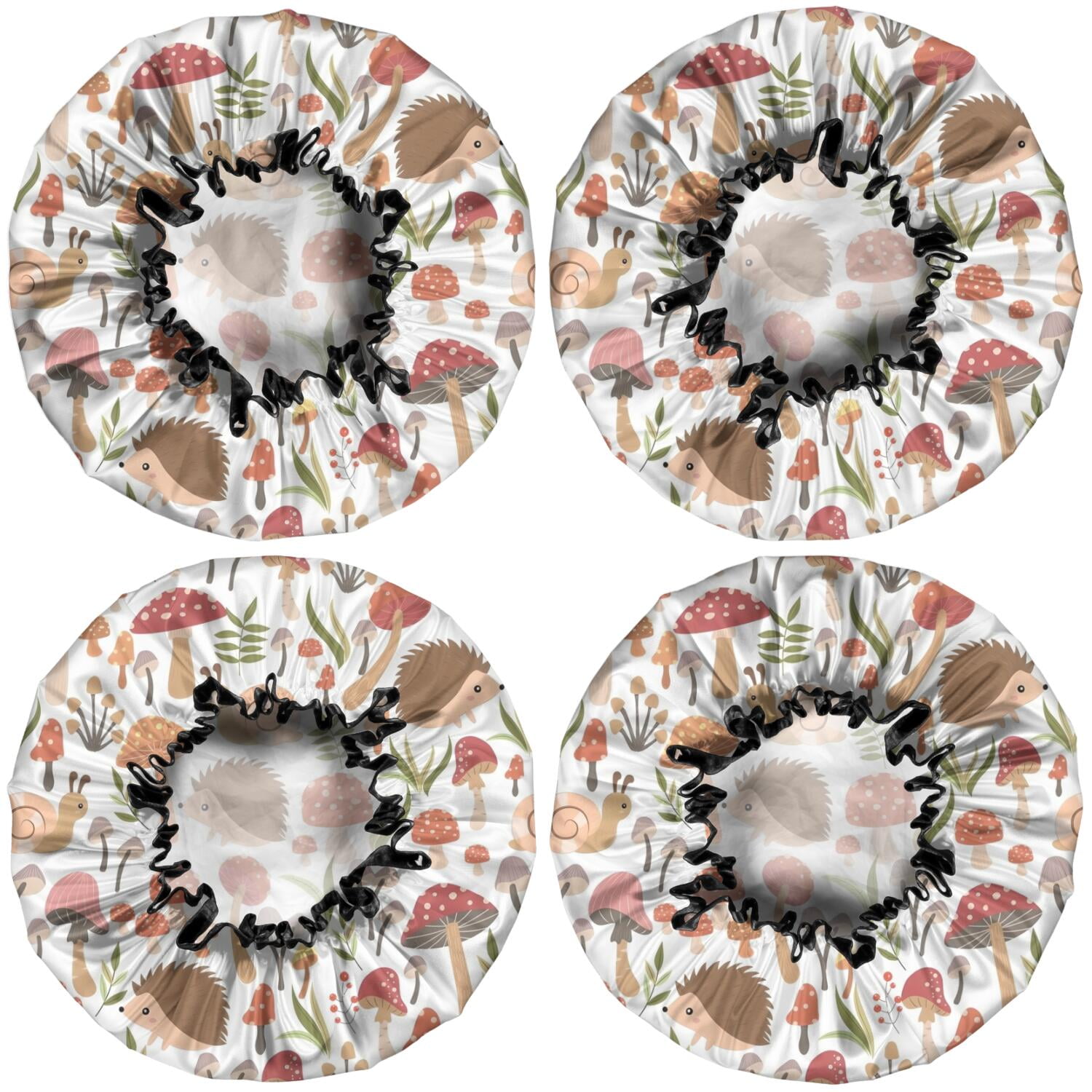 Shower Caps,Cute Hedgehogs and Red Mushrooms Snails Pattern Waterproof Shower Cap for Women 4 Pieces,Double Reusable Hair Cover for Shower PEVA Elastic Stretch Hem