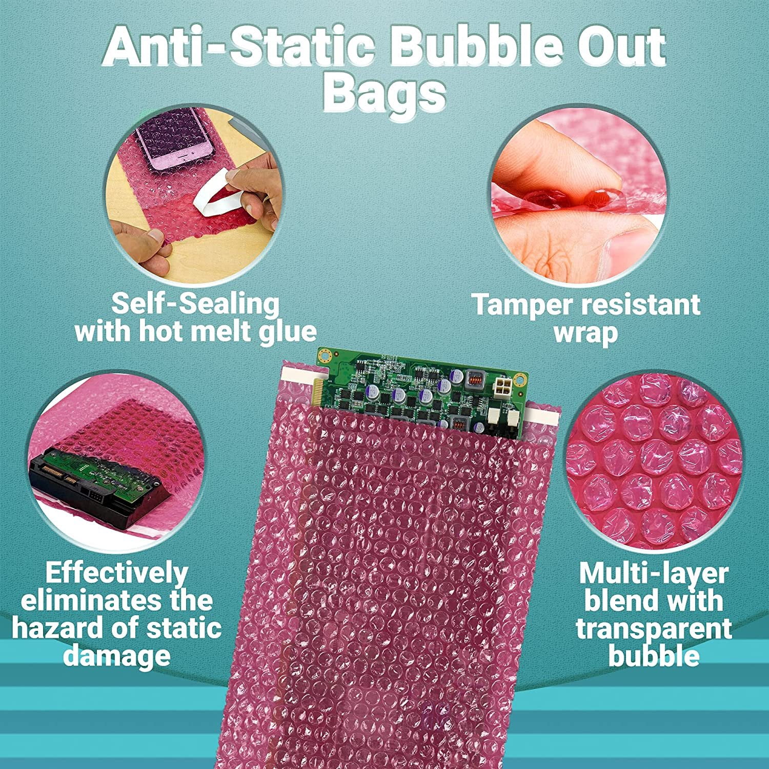 APQ Anti-Static Bubble Out Bags 8 x 15.5 Inch, Pack of 25 Pink Self Seal Bubble Pouches, Waterproof PE Anti Static Bubble Bags for Packing Electronics, Ornaments, Cushioning Sturdy Double Bubble Bag