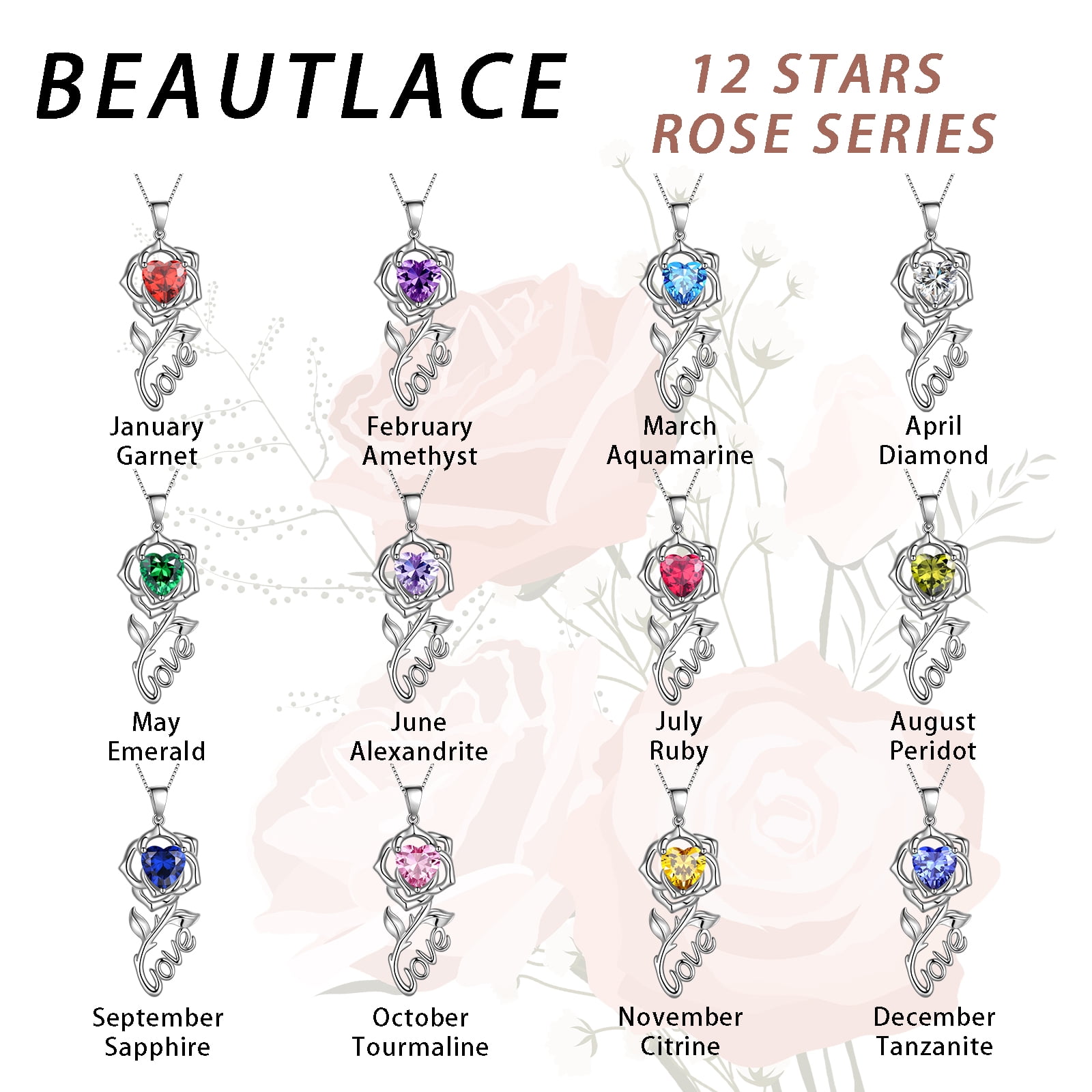 Beautlace Rose Love Necklace,925 Sterling Silver Birthstone Pendant Necklace Jewelry Birthday Christmas Valentines Mother's Day Gifts for Women Mom