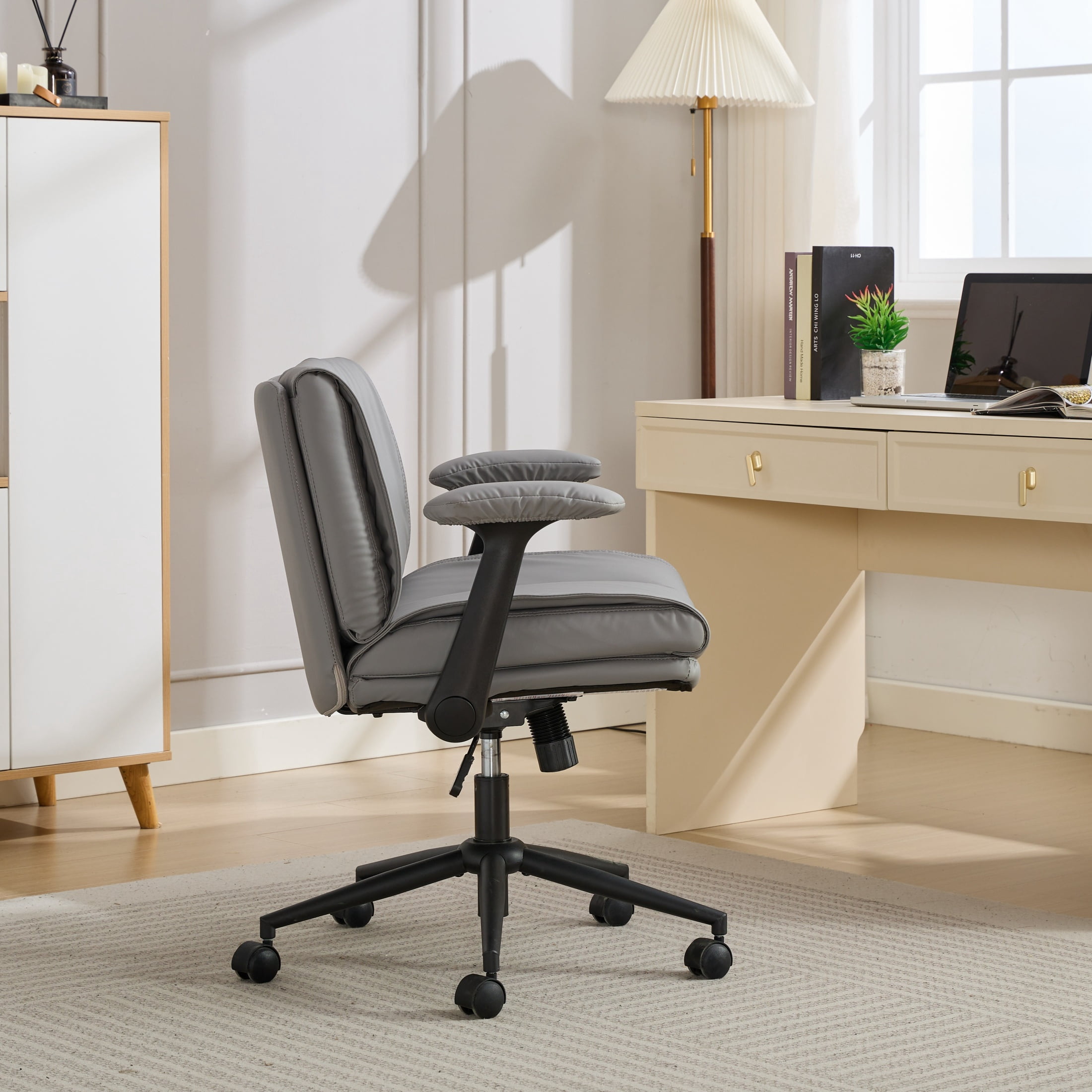 Cross Legged Chair with Flip-Up Armrests Leather, Cross Legged Office Chair on Wheels, Comfy Swivel Chair with Wide Seat for Home Office, Vanity,  Ergonomic Desk Chair Adjustable, Grey