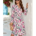 thumbnail image 3 of Vestido cruzado con cuello en V para mujer, manga larga, estampado elástico, cintura alta, dobladillo dividido, vestido elegante rosa púrpura L, 3 of 7