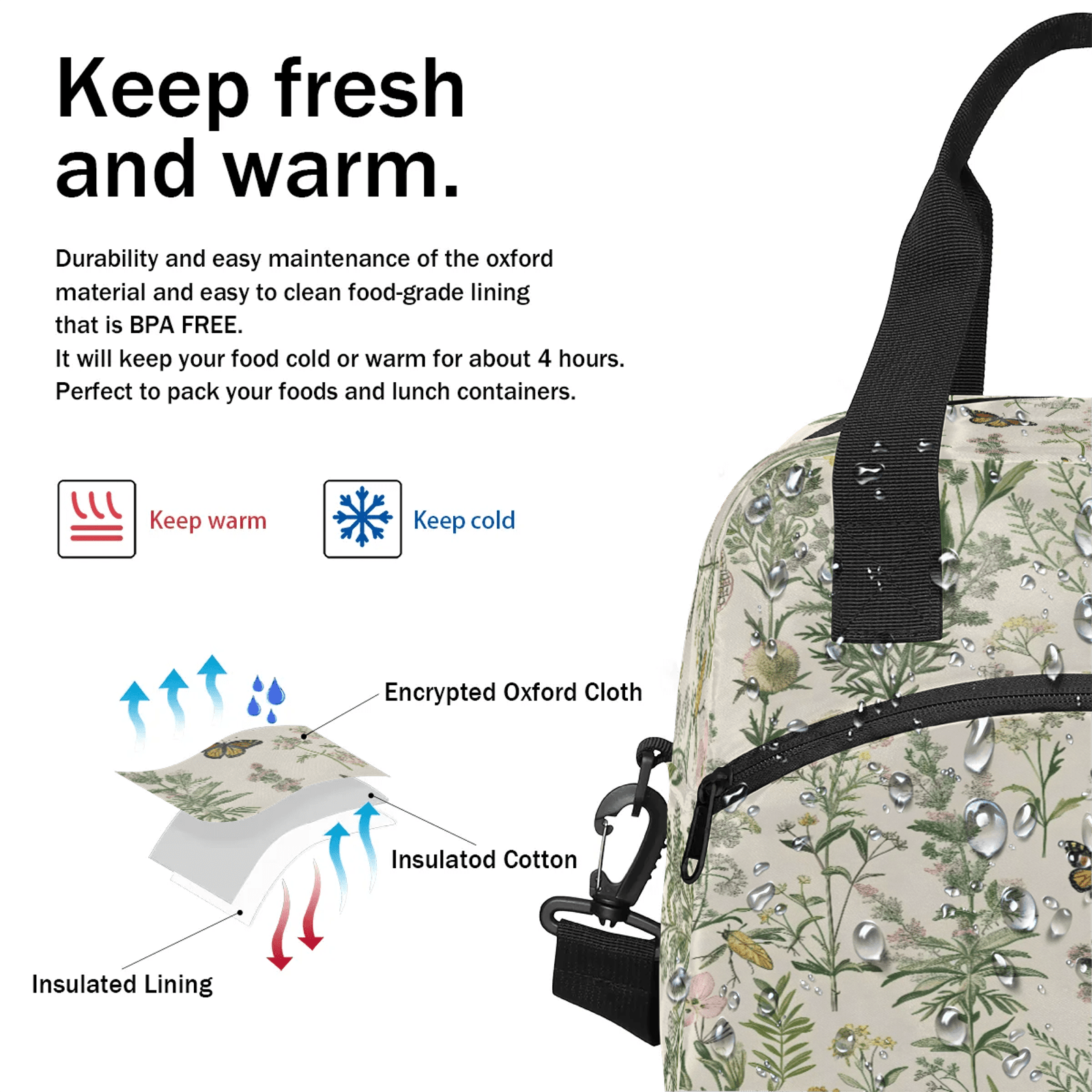 Herdesigns Wildflowers Botanical Floral Plant Insulated Lunch Bag for Women Men Adult, Reusable Insulated Cooler Lunch Box Lunch Tote Bag for Work Picnic Beach