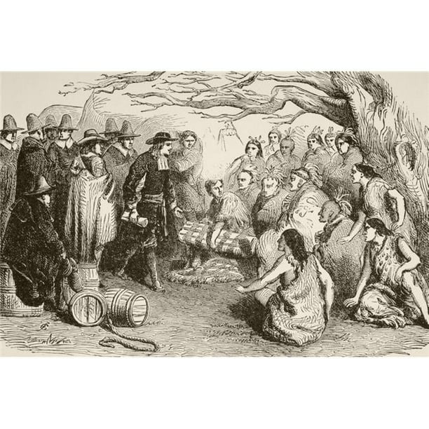 En 1682, William Penn Conclut un Traité avec les Indiens Delaware Ou Lenape sous l'Orme à Shackamaxon dans la Pennsylvanie d'Aujourd'hui à Partir d'Une Affiche d'Illustration du XIXe Siècle.