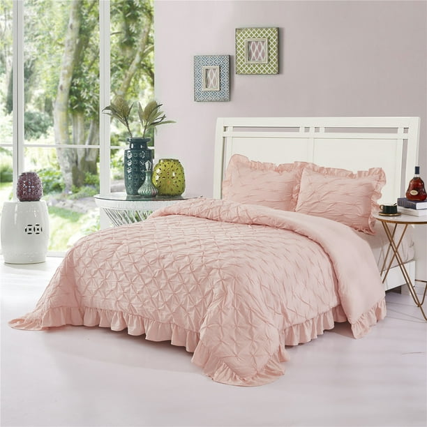 Pinch Pleated Peach Pink Comforter Set, Shabby Chic Super King Bedding