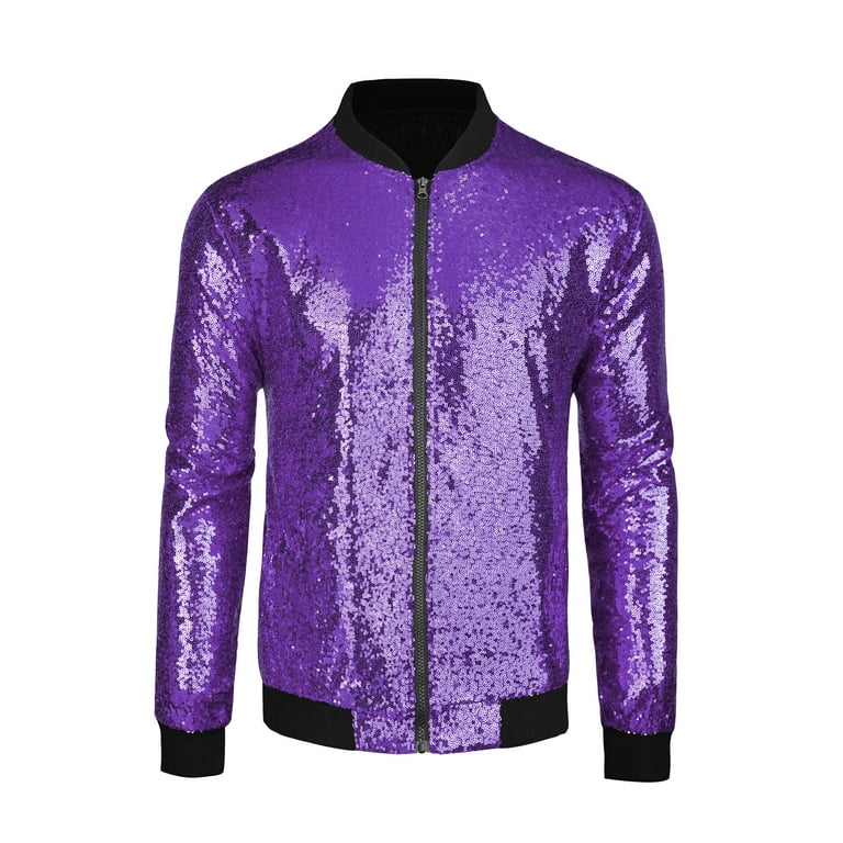 Unique Bargains Men s Long Sleeves Sequin Varsity Zipper Bomber Jacket XL Purple Walmart