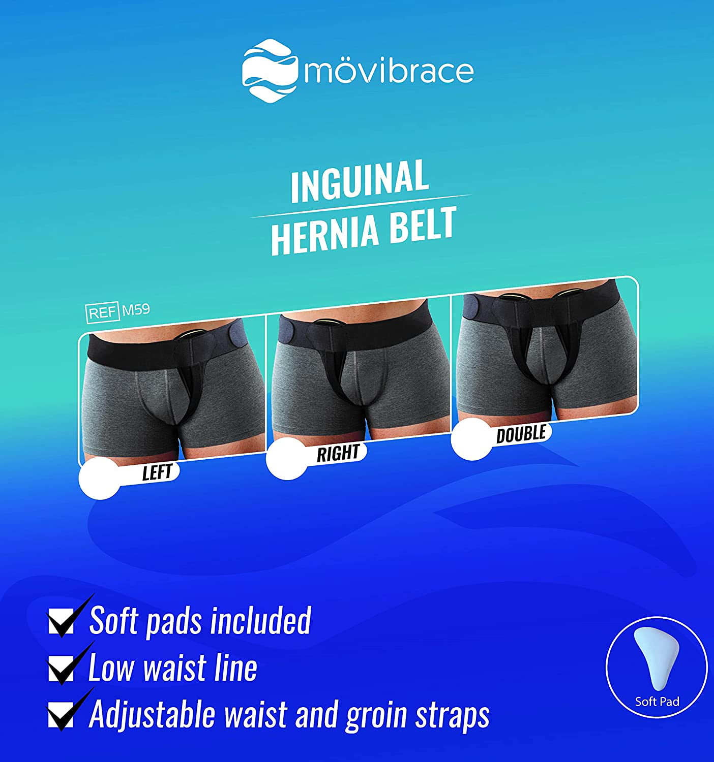 Movibrace Inguinal Groin Hernia Brace Unisex Black | Left, Right or Double  | (Left, Small)