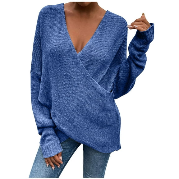 IROINNID Reduced Womens Sweater Cross Wrap V-Neck Pullover Sweater Solid Color Comfy Mid-Length Long Sleeve Shirt Sweater Tops