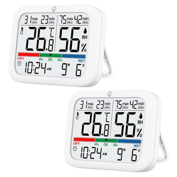Amaopus 2 Pcs Mini Digital Indoor Thermometer Hygrometer Clock, Room Temperature Humidity Monitor with Calibration, Backlight, Air Comfort Indicator, 24H Max Min Record, Time, Date, Alarm for Home