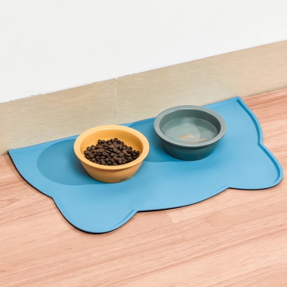 Cute Cat Shaped Silicone Pet Feeding Mat, Non-Slip Waterproof No Spill Pet Placemat for Cat Dog Food Water Bowl, Easy Clean Dishwasher Safe Floor Protector Pad. (Blue)