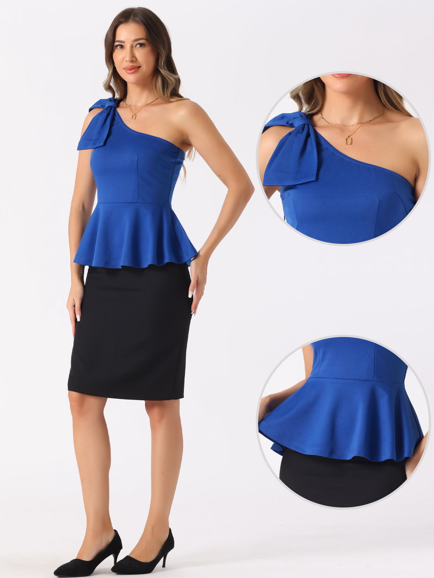 DARING DIVA Women's One Shoulder Top Bow Ruffled Peplum Top S Royal Blue