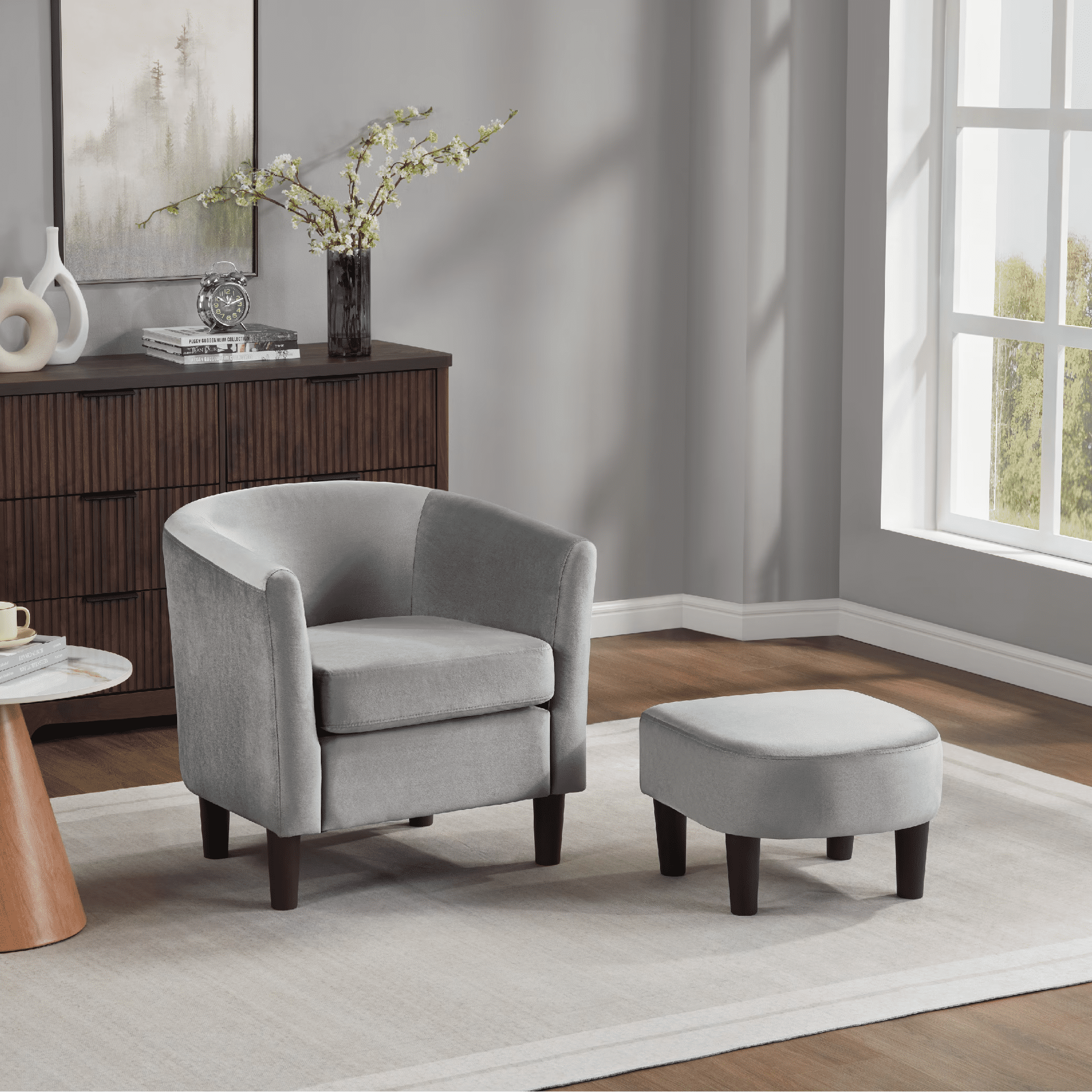 Accent Barrel Chair with Ottoman, Modern Club Chair Comfy Reading Armchair with Footrest for Living Room, Black