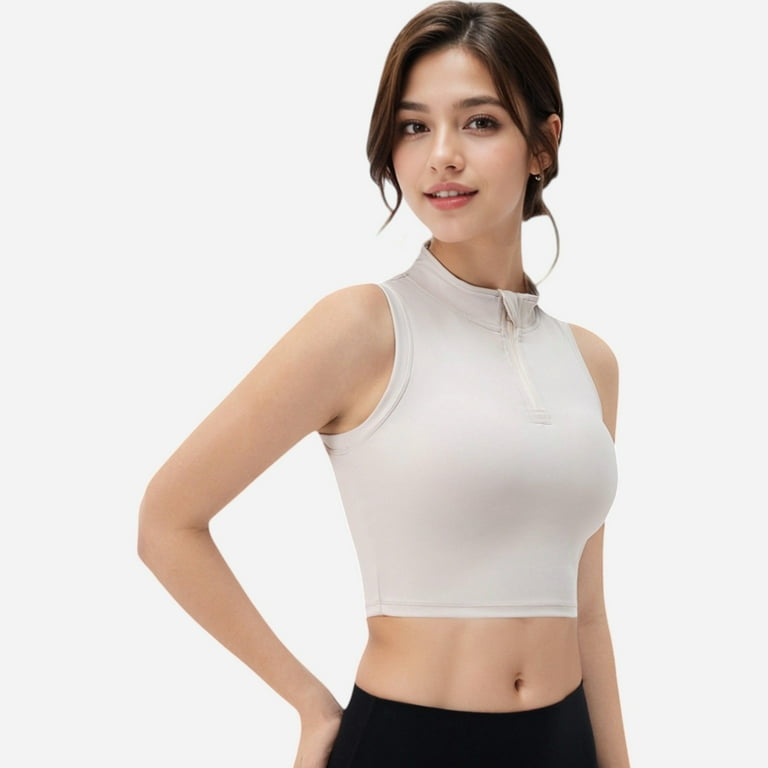 Women's Half Zip-Up Mock Neck Crop Top with Sleeveless Design