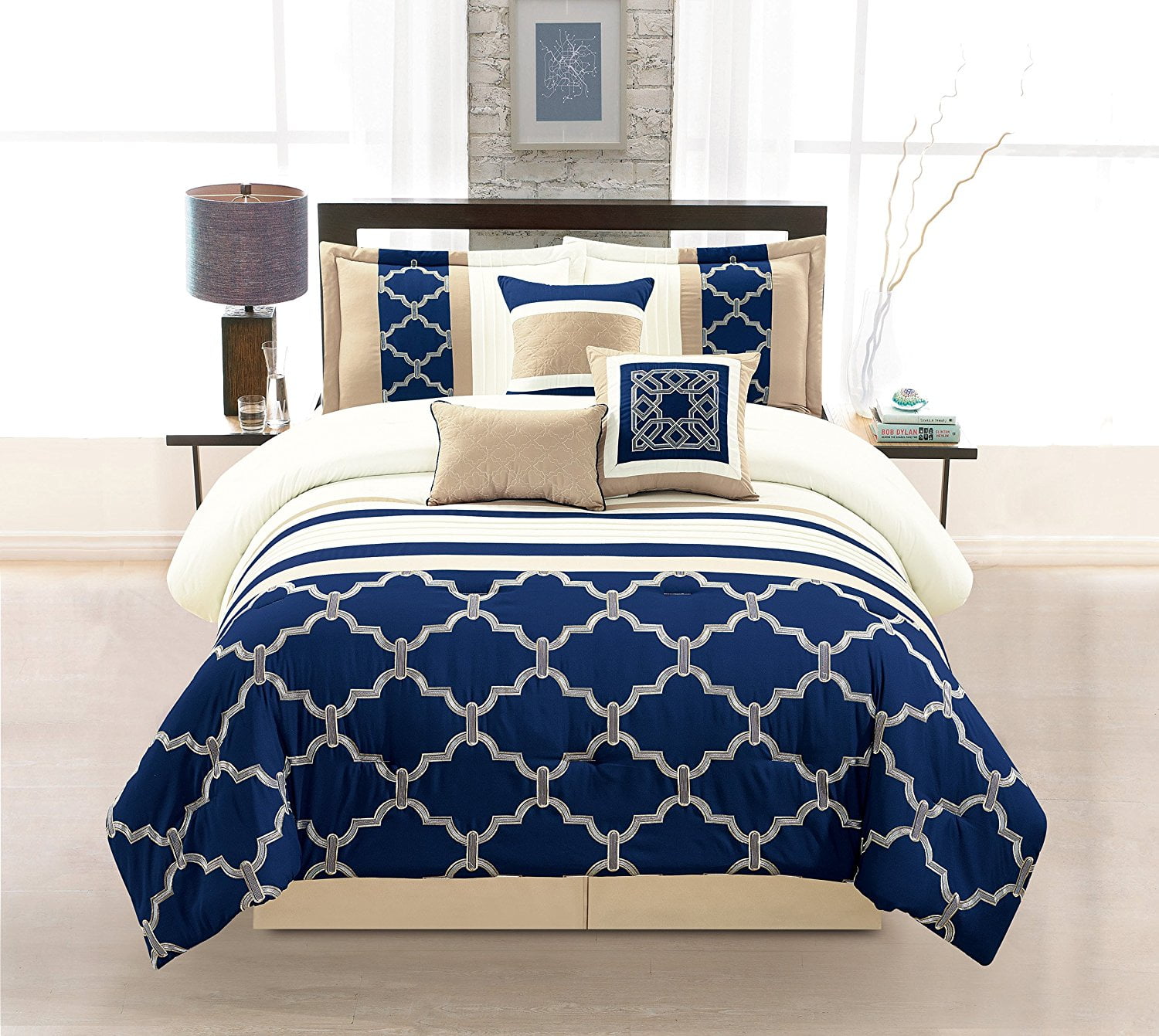 Wpm 7 Pieces Complete Bedding Ensemble Navy Blue Taupe Ivory Beige Royal Print Luxury Embroidery Comforter Set Bed In A Bag Daisy King