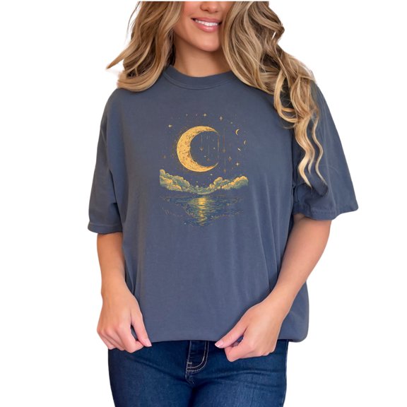 Celestial Moon and Stars T-Shirt, Dreamy Night Sky Tee, Fantasy Landscape Graphic Shirt, Unique Artistic Design, Comfy Casual Wear, Denim Comfort Colors T-Shirt, Small