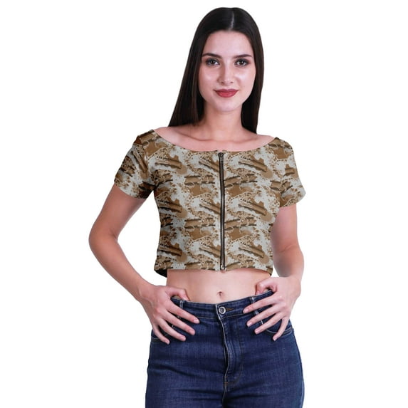 Moomaya Boat Neck Zipper Top Short Sleeve Viscose Jersey Crop Tops For Women