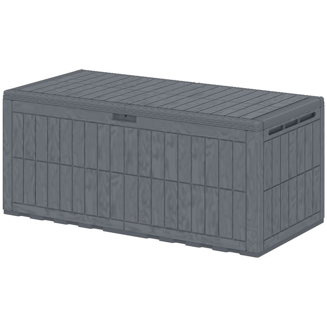 220 Gallon Waterproof Outdoor Deck Box, Grey Wood Effect Resin Storage Bench with Pneumatic Gas Rods & Lockable Lid, Large Patio Organizer for Garden, Poolside & Backyard