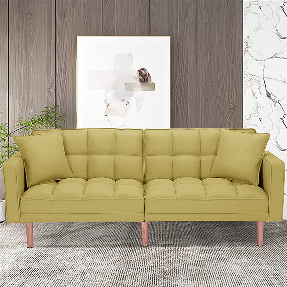 Futon Couch Bed, Fabric Futon Sofa Couch with Armrest, Modern Yellow