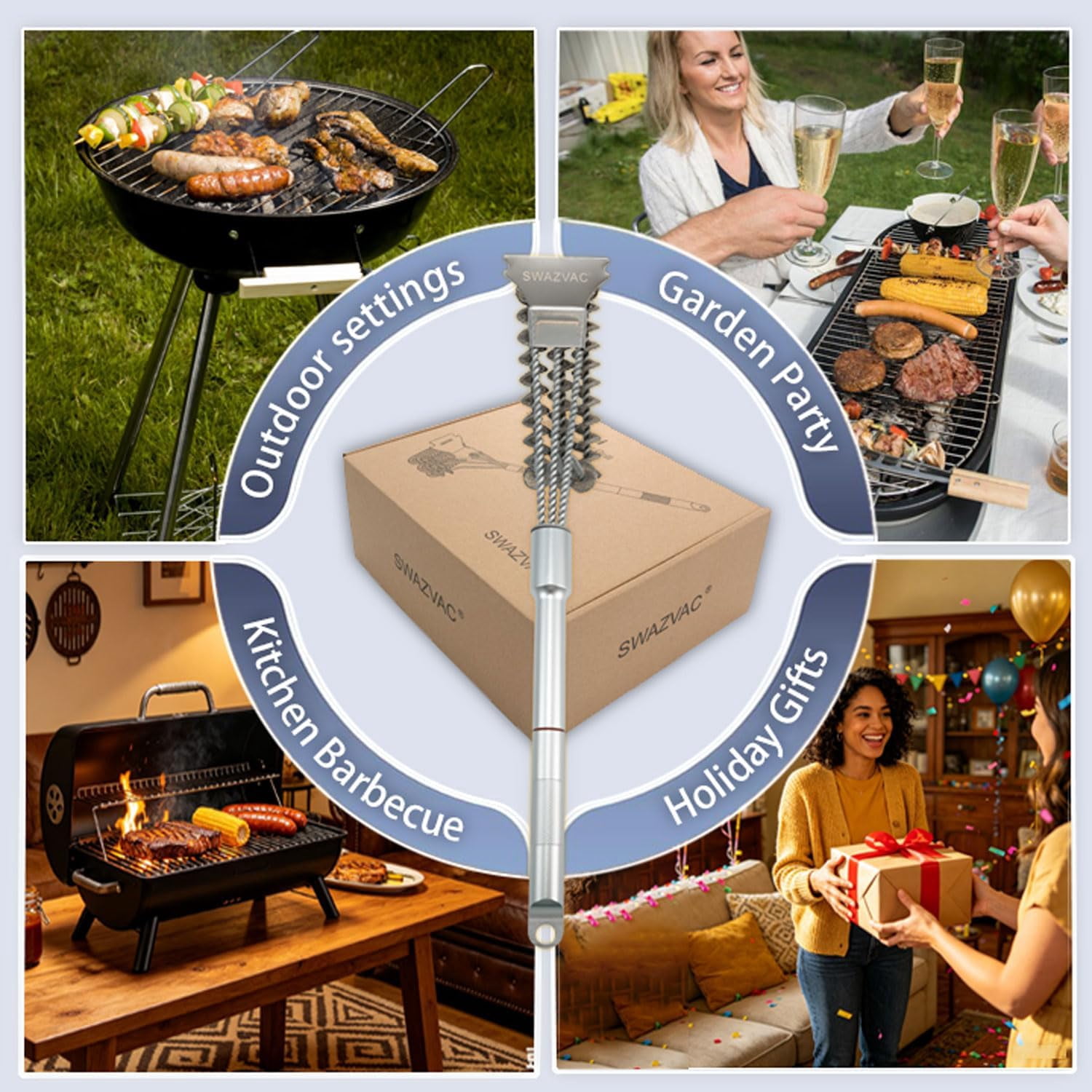 SWAZVAC 3-in-1 Bristle-Free Stainless Steel BBQ Grill Cleaner with Scraper, Detachable Aluminum Handle & Lockable S-Hook