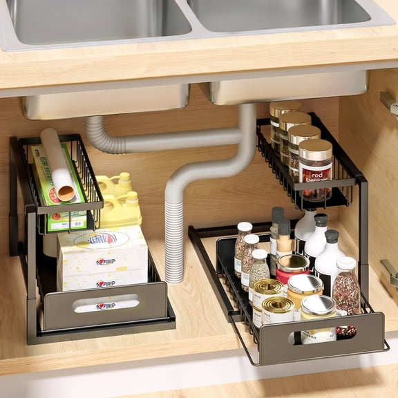 Behome 2 Pack Under Sink Organizer, 2 Tier Pull Out Cabinet Organizer, 14.2” Slide Out Under Sink Storage, for Kitchen Bathroom Laundry Pantry Cabinet