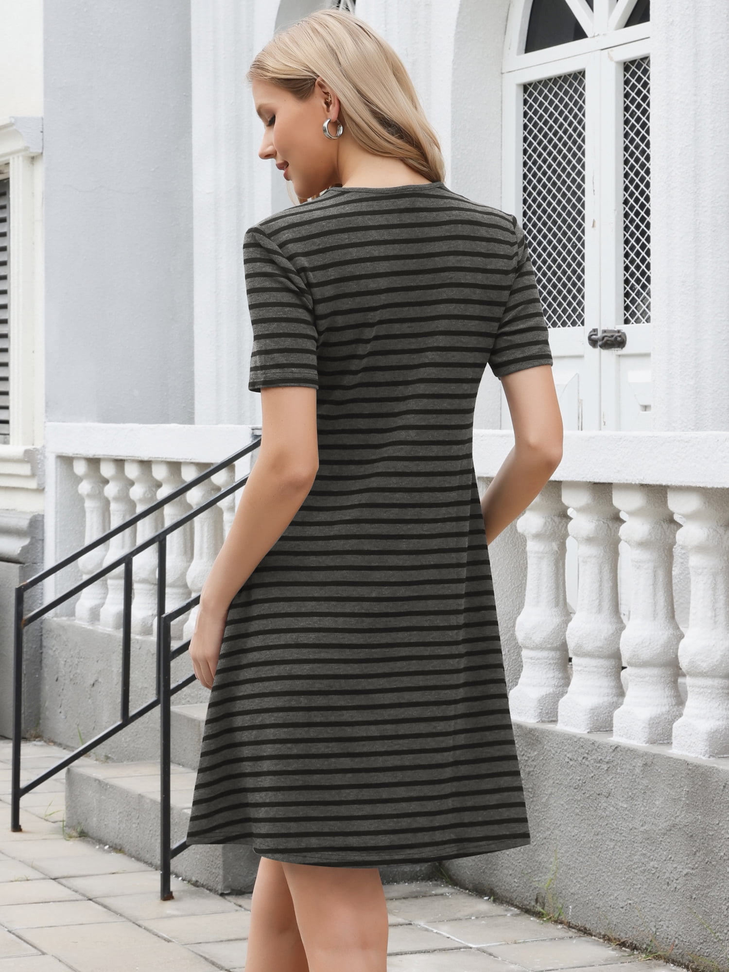 DARING DIVA Women's Short Sleeve V Neck A-Line Striped Knit Dress S Dark Gray