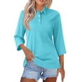 thumbnail image 2 of Nestiefly Women's Polo Shirts 3/4 Sleeve Fitted Collared Shirts Workout Button Summer 3/4 Length Sleeve Tops Golf Blouses Pockets Sky Blue XL, 2 of 6