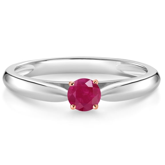 Gem Stone King 925 Silver and 10K Rose Gold Red Ruby Solitaire Engagement Ring for Women (0.25 Cttw, Gemstone July Birthstone, Round 3.5MM, Size 5)