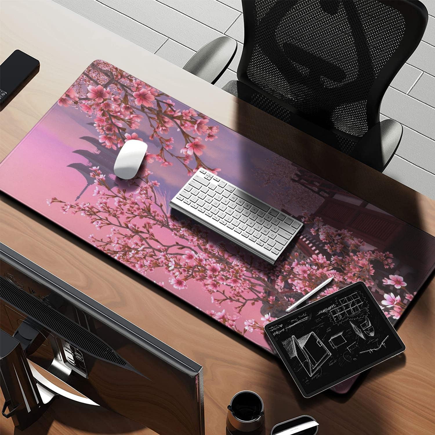 Gaming Mouse Pad, Desk Pad with Non-Slip Base Extended Large Mouse Pad XXL Keyboard Mouse Pad Desk Mat On Top of Desks for Work, Game, Office, Home - Pink Japanese Cherry Blossom (35.4x15.7 in)