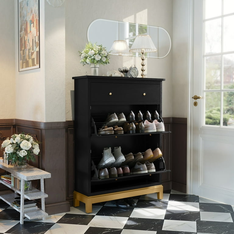 HLR Space Saving Hidden Shoe Cabinet with 2 Flip Doors 1 Drawer Narrow Shoe Cabinet Storage for Entryway Freestanding Hidden Shoe Rack Storage