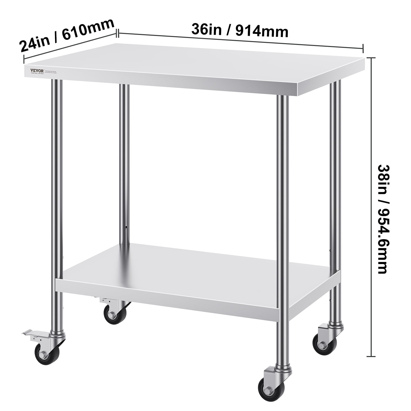 VEVOR Stainless Steel Work Table 24 x 36 x 38 Inch, with 4 Wheels, 3 Adjustable Height Levels, Heavy Duty Food Prep Worktable for Commercial Kitchen Restaurant, Silver