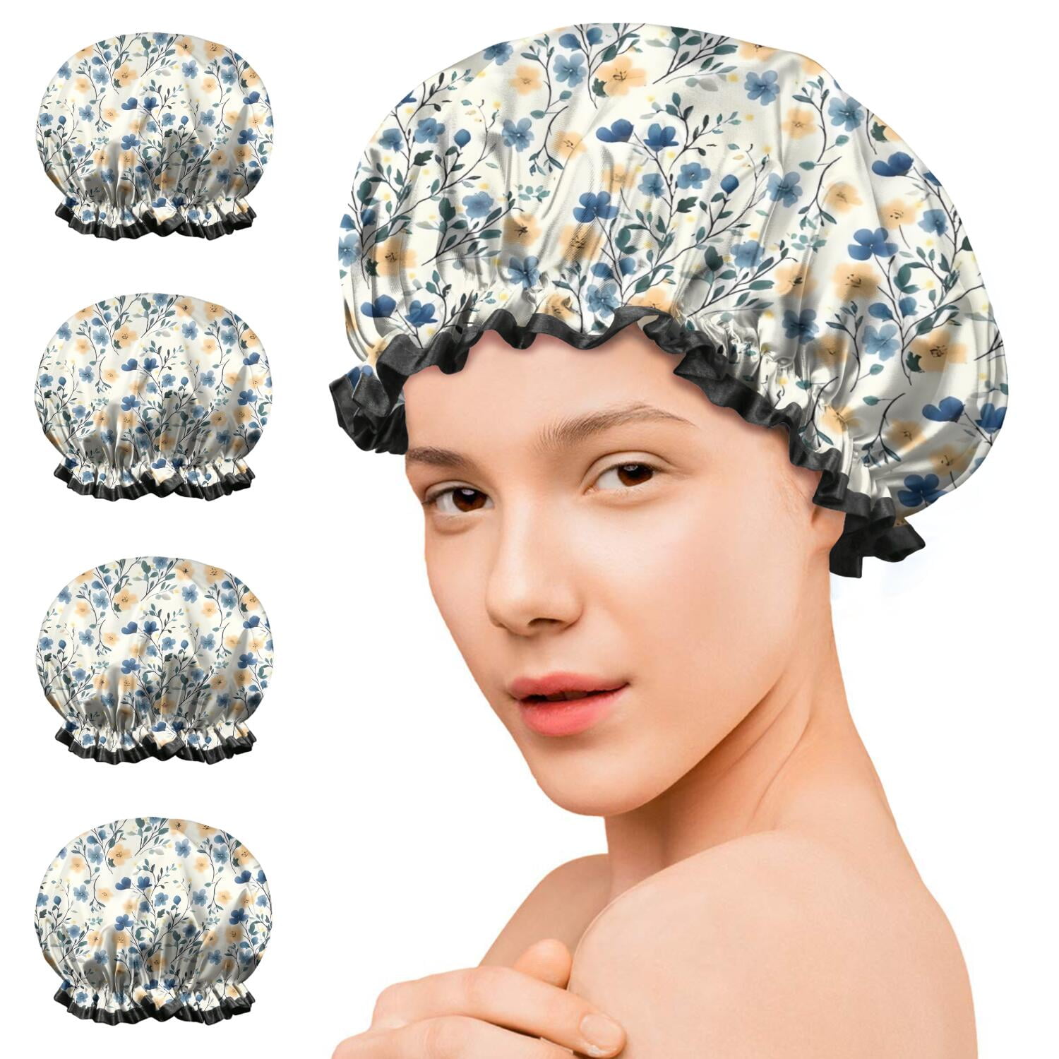 Shower Caps,Pioneer Flower Floral Print Pattern Waterproof Shower Cap for Women 4 Pieces,Double Reusable Hair Cover for Shower PEVA Elastic Stretch Hem