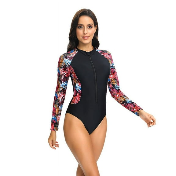 Women Swimsuit Long Sleeve Printed Zipper Tight Briefs Surfing Suit Swimsuit