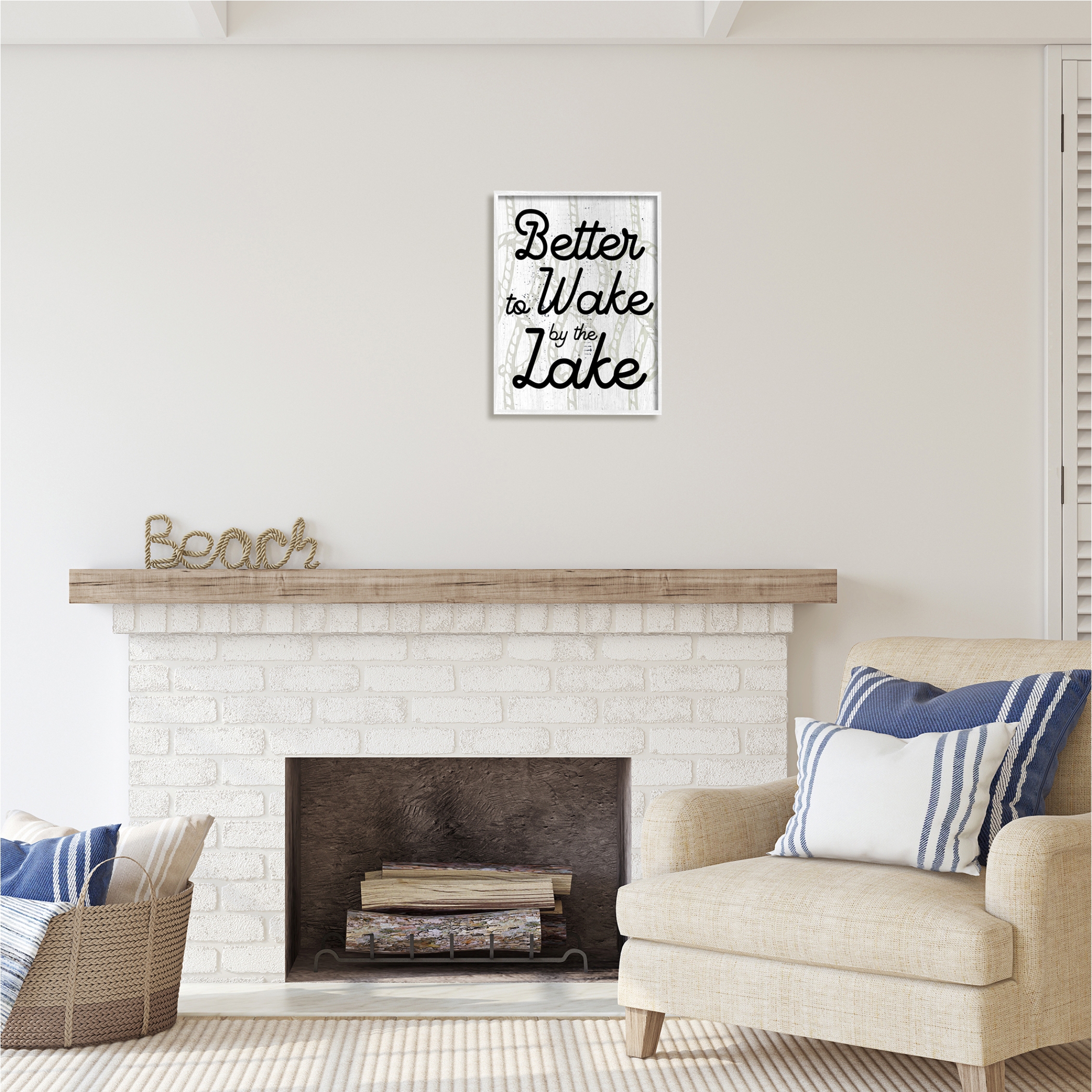 Stupell Industries Lake Phrase on Rope Pattern Inspirational Painting White Framed Art Print Wall Art, 16 x 20